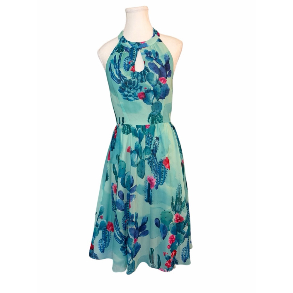 ModCloth Cactus Print Halter Dress Retro Fit & Flare‎ Desert Garden Party Size S - Picture 2 of 9